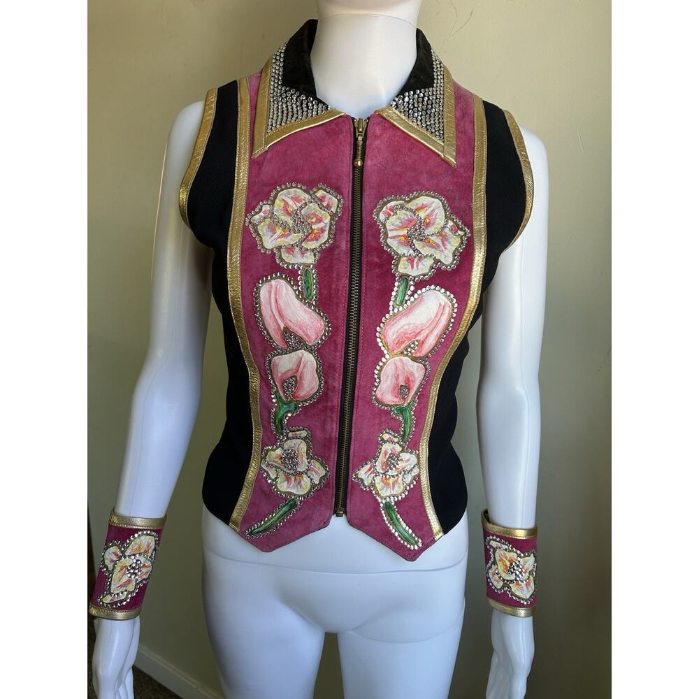 Diane Olsen Canada Lambskin Suede Art Vest Rhinestone Floral Painted Vest Set L - Picture 9 of 16